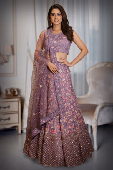 Graceful Purple Lehenga with All-Over Floral Embroidery and Net Dupatta — view 2 of 3