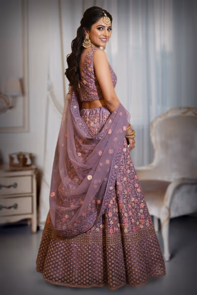 Graceful Purple Lehenga with All-Over Floral Embroidery and Net Dupatta — view 3 of 3