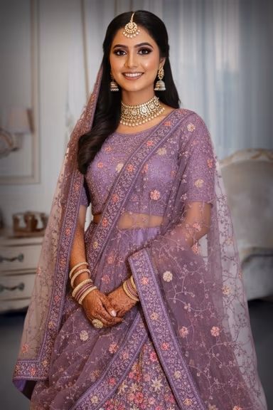 Graceful Purple Lehenga with All-Over Floral Embroidery and Net Dupatta — view 1 of 3