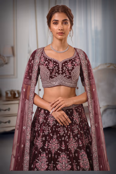 Graceful Purple Lehenga Choli Set Detailed With Delicate Floral Embroidery And Shimmering Accents — view 1 of 3