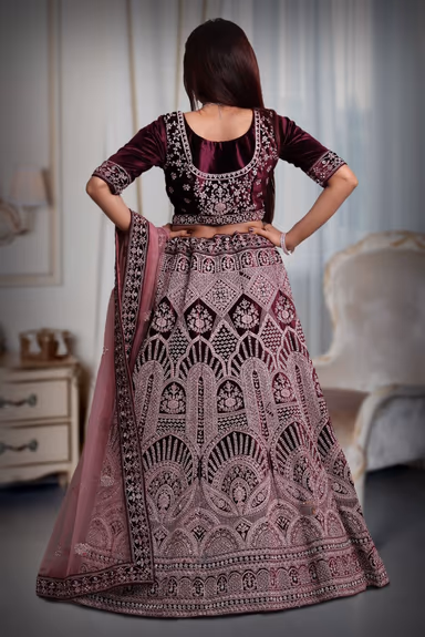 Grape velvet pink thread work lehenga — view 5 of 5