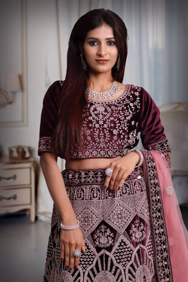 Grape velvet pink thread work lehenga — view 1 of 5