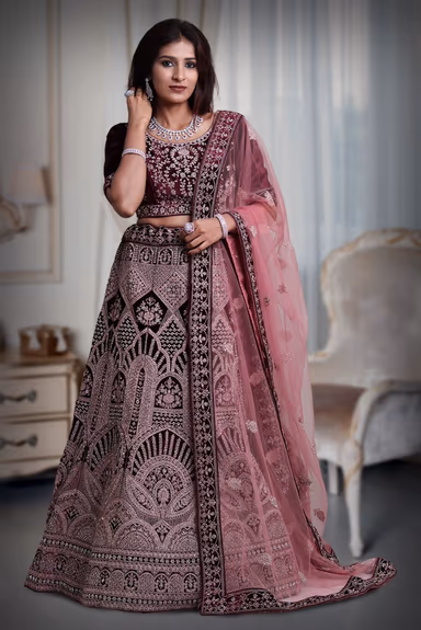 Grape velvet pink thread work lehenga — view 2 of 5