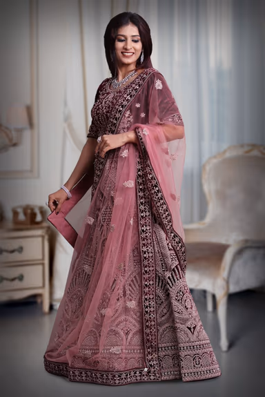 Grape velvet pink thread work lehenga — view 4 of 5