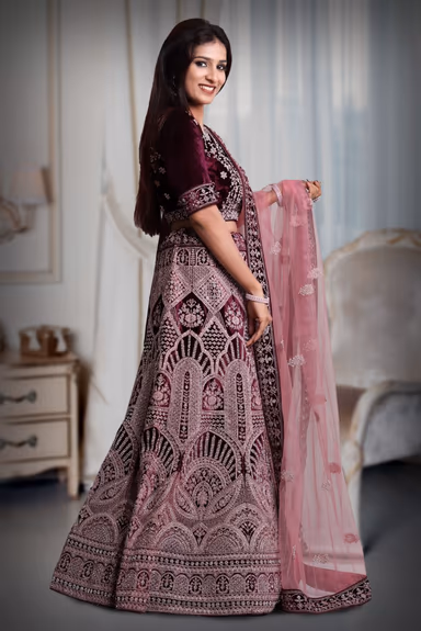 Grape velvet pink thread work lehenga — view 3 of 5