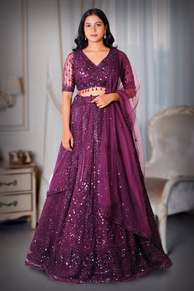 Grape Wine Heavy Embellished Bridal Lehenga With Golden Stone Details On Skirt , Crop Top And Dupatta — view 2 of 2