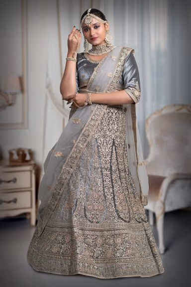 Gray jarkan stone golden thread work velvet lehenga — view 2 of 5