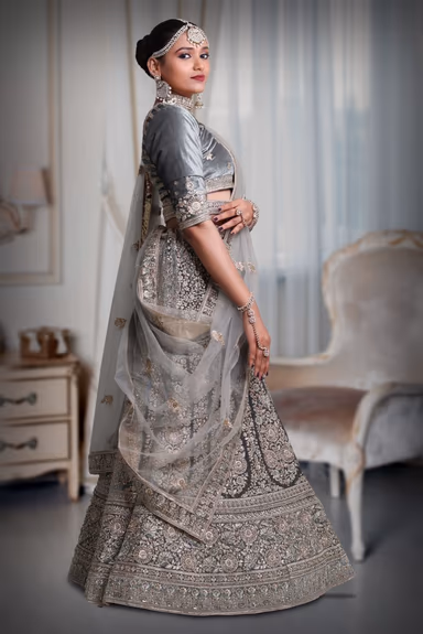 Gray jarkan stone golden thread work velvet lehenga — view 5 of 5
