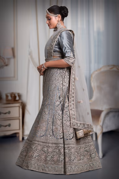 Gray jarkan stone golden thread work velvet lehenga — view 4 of 5