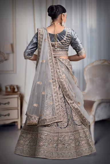 Gray jarkan stone golden thread work velvet lehenga — view 3 of 5
