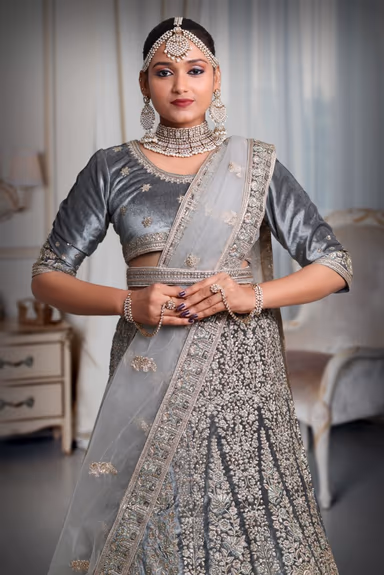 Gray jarkan stone golden thread work velvet lehenga — view 1 of 5