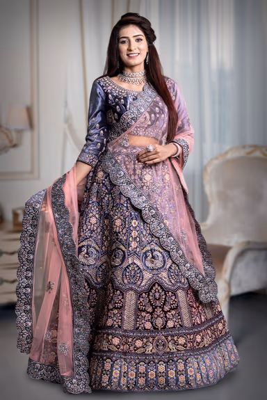 Gray & Maroon combination jarkan stone work lehenga — view 2 of 5