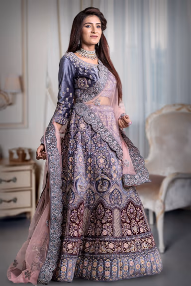 Gray & Maroon combination jarkan stone work lehenga — view 4 of 5