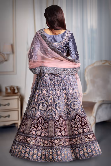 Gray & Maroon combination jarkan stone work lehenga — view 5 of 5