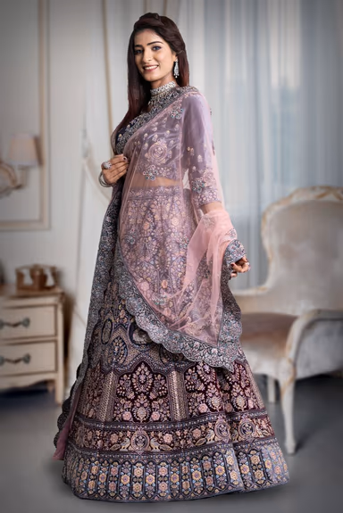 Gray & Maroon combination jarkan stone work lehenga — view 3 of 5