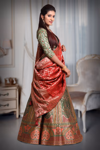 Green multi colour banarasi jarkan work lehenga — view 4 of 5