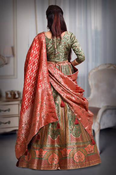 Green multi colour banarasi jarkan work lehenga — view 5 of 5