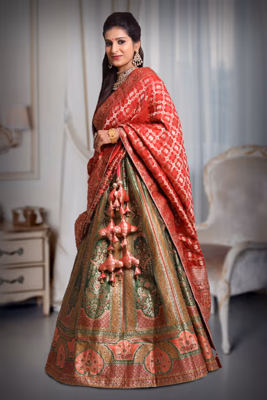 Green multi colour banarasi jarkan work lehenga — view 3 of 5
