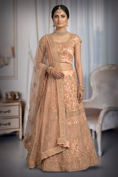 Gulnoor Peach Embroidered Zari Lehenga Set With Net Dupatta — view 2 of 3