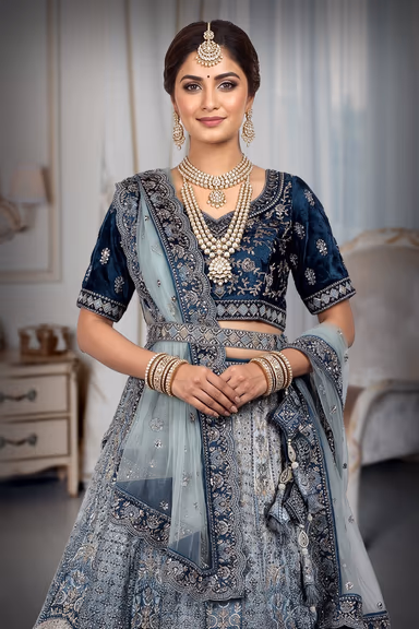 Traditional, heavily embroidered blue lehenga choli — view 1 of 3