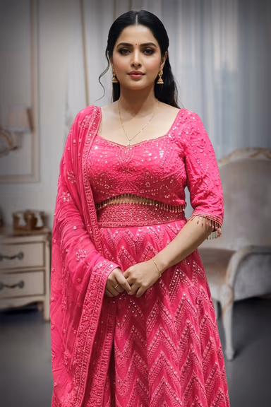 Hot Pink Silk Lehenga with Zig-Zag Sequin Embroidery and Pearl Fringe — view 1 of 2