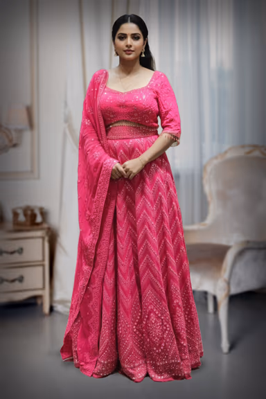 Hot Pink Silk Lehenga with Zig-Zag Sequin Embroidery and Pearl Fringe — view 2 of 2
