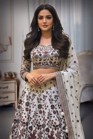Ivory & Crimson Hand-Embroidered Floral Silk Lehenga Choli — view 1 of 2