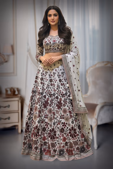 Ivory & Crimson Hand-Embroidered Floral Silk Lehenga Choli — view 2 of 2
