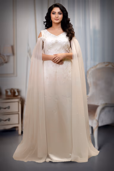 Ivory Embroidered Gown with Draped Net with water sleeve — view 2 of 2