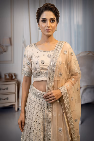 Ivory Netted heavy Thread worked with Mirror work Lehenga along with mirror worked dhuppatta — view 1 of 2