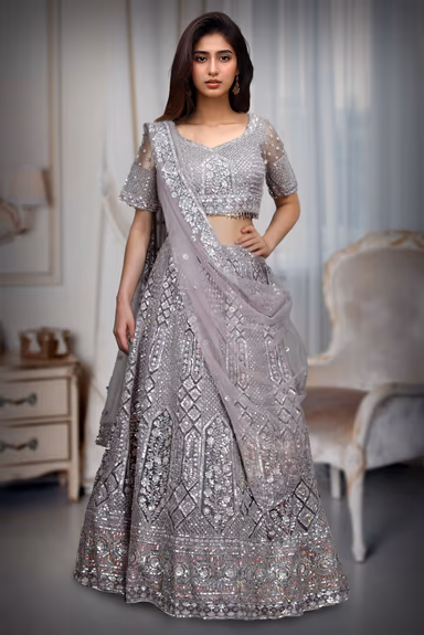 Lavender Net Lehenga With Exquisite Threadwork And Detailing Throughout The Lehenga — view 2 of 2