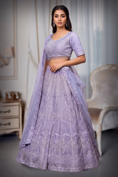 lavender shade wedding lehenga with stones,sequins and beads embroidery in geometrical patterns — view 2 of 3
