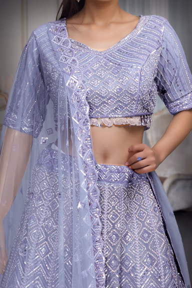 lavender shade wedding lehenga with stones,sequins and beads embroidery in geometrical patterns — view 3 of 3