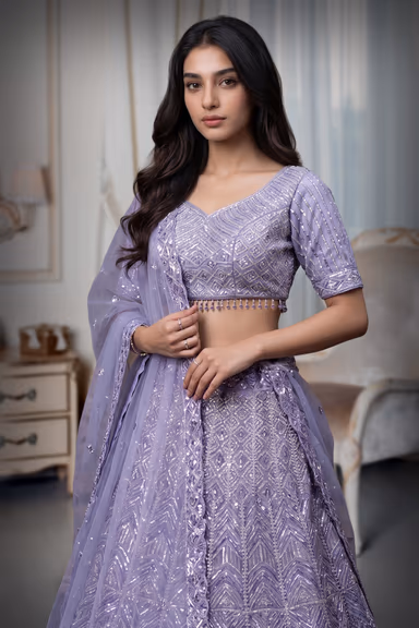 lavender shade wedding lehenga with stones,sequins and beads embroidery in geometrical patterns — view 1 of 3