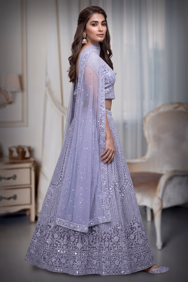 Light Lilac Heavy Stone Work Embellished Crop Top Lehenga With Same Colour Dupatta — view 3 of 4