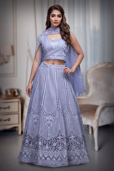 Light Lilac Heavy Stone Work Embellished Crop Top Lehenga With Same Colour Dupatta — view 2 of 4