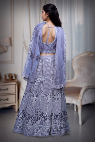 Light Lilac Heavy Stone Work Embellished Crop Top Lehenga With Same Colour Dupatta — view 4 of 4