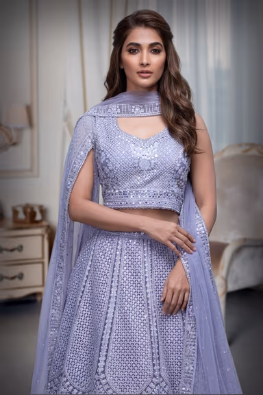 Light Lilac Heavy Stone Work Embellished Crop Top Lehenga With Same Colour Dupatta — view 1 of 4