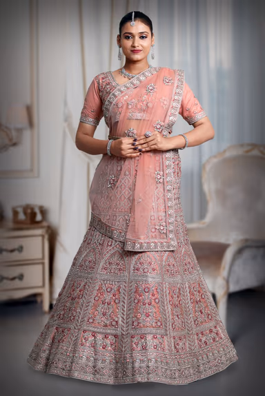 light peach silver color embroidery & Jarkan stone work lehenga — view 2 of 5