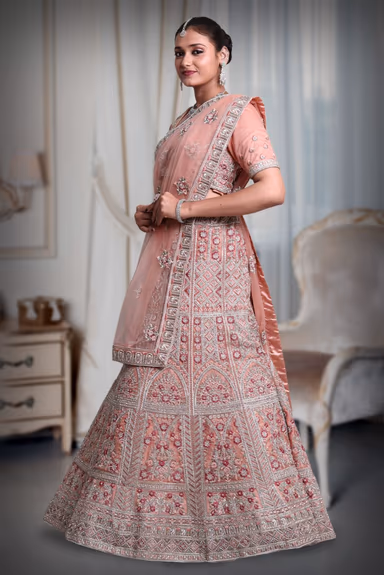 light peach silver color embroidery & Jarkan stone work lehenga — view 4 of 5