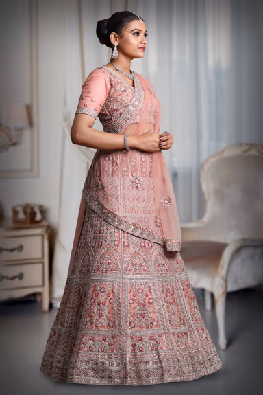 light peach silver color embroidery & Jarkan stone work lehenga — view 3 of 5