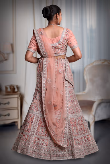 light peach silver color embroidery & Jarkan stone work lehenga — view 5 of 5