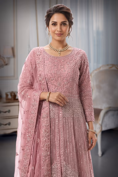 Light Pink Gharara Set With Detailed Silver Handcrafted Embroidery Work. — view 1 of 2