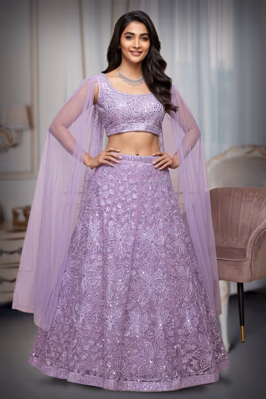 Light Pink Minimal Net Lehenga With Threadwork Details And Same Colour Dupatta — view 2 of 3