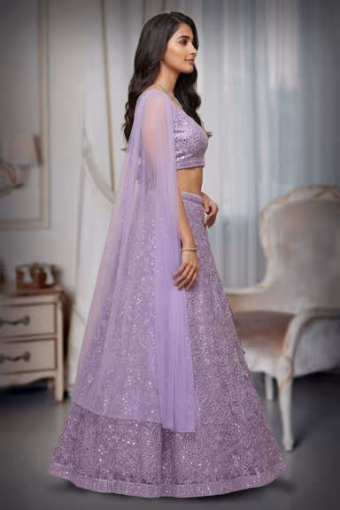 Light Pink Minimal Net Lehenga With Threadwork Details And Same Colour Dupatta — view 3 of 3