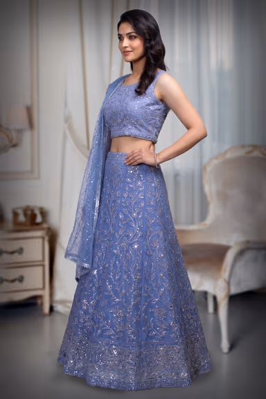 Lilac Net Lehenga With Threadwork And Stone Work Details And Same Colour Dupatta — view 3 of 3