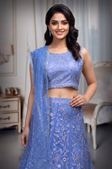 Lilac Net Lehenga With Threadwork And Stone Work Details And Same Colour Dupatta — view 1 of 3