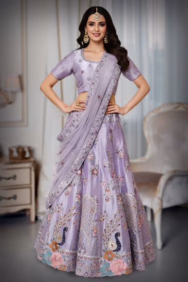 Lilac peacock lehenga in chiffon fabric — view 2 of 3