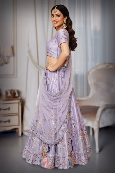 Lilac peacock lehenga in chiffon fabric — view 3 of 3