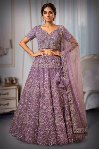 Lilac Stone Work Lehenga with Leaf Pattern Blouse and Sequin Skirt Details — view 2 of 2